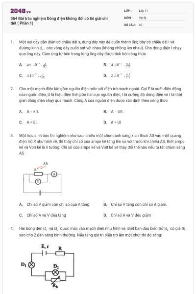 364 Bài trắc nghiệm Dòng điện không đổi có lời giải chi tiết ( Phần 1)