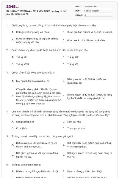 Đề thi thử THPTQG năm 2019 Môn GDCD cực hay có lời giải chi tiết(đề số 7)