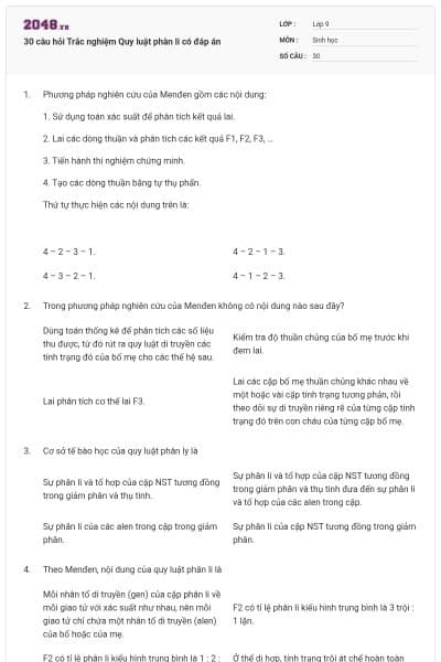 30 câu hỏi Trắc nghiệm Quy luật phân li có đáp án