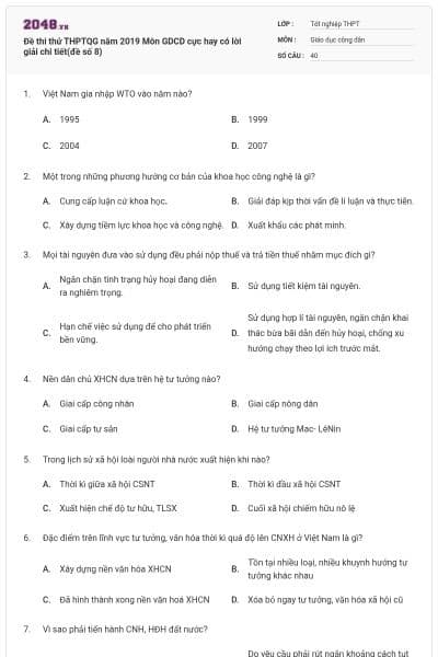 Đề thi thử THPTQG năm 2019 Môn GDCD cực hay có lời giải chi tiết(đề số 8)