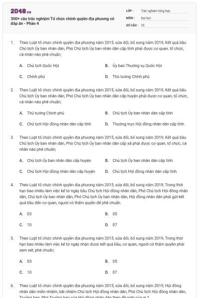 300+ câu trắc nghiệm Tổ chức chính quyền địa phương có đáp án - Phần 4