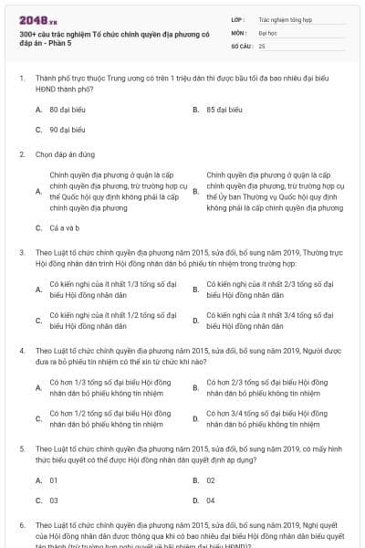 300+ câu trắc nghiệm Tổ chức chính quyền địa phương có đáp án - Phần 5