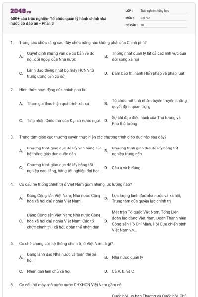 600+ câu trắc nghiệm Tổ chức quản lý hành chính nhà nước có đáp án - Phần 3