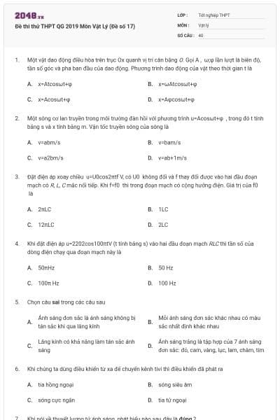 Đề thi thử THPT QG 2019 Môn Vật Lý (Đề số 17)