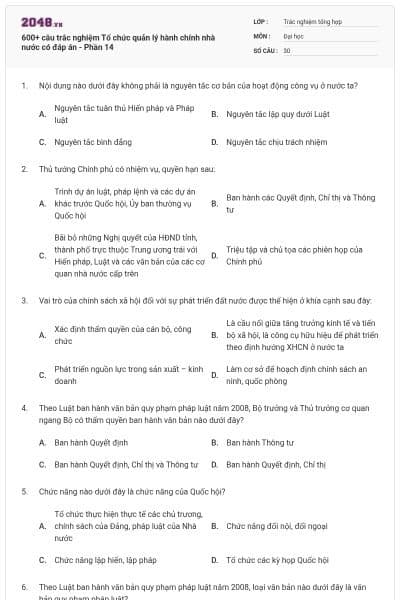 600+ câu trắc nghiệm Tổ chức quản lý hành chính nhà nước có đáp án - Phần 14