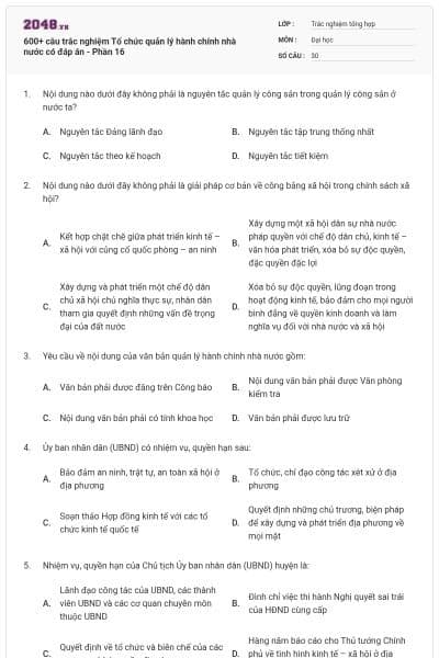 600+ câu trắc nghiệm Tổ chức quản lý hành chính nhà nước có đáp án - Phần 16