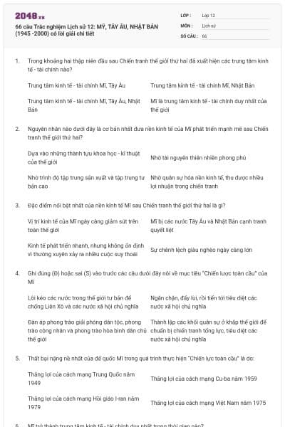 66 câu Trắc nghiệm Lịch sử 12: MỸ, TÂY ÂU, NHẬT BẢN (1945 -2000) có lời giải chi tiết