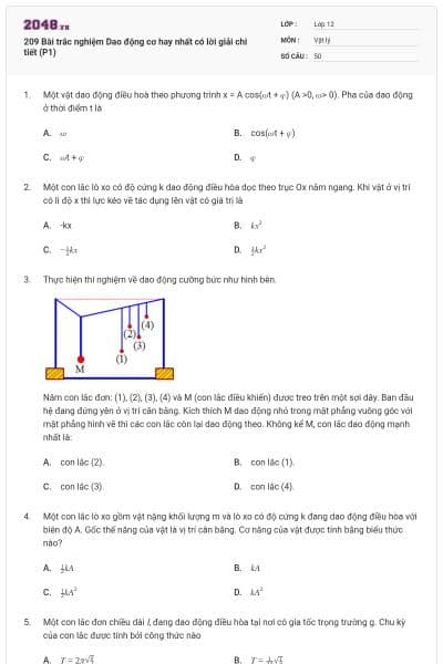 209 Bài trắc nghiệm Dao động cơ hay nhất có lời giải chi tiết (P1)