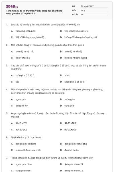 Tổng hợp 20 đề thi thử môn Vật Lí trung học phổ thông quốc gia năm 2019 (Đề số 3)