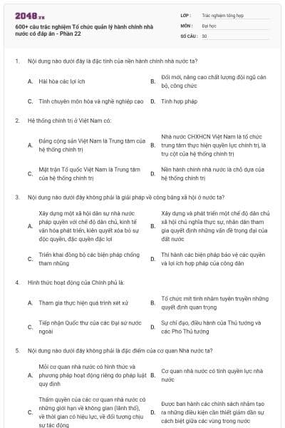 600+ câu trắc nghiệm Tổ chức quản lý hành chính nhà nước có đáp án - Phần 22