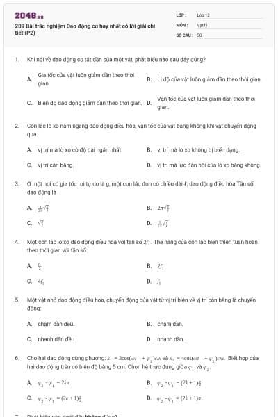 209 Bài trắc nghiệm Dao động cơ hay nhất có lời giải chi tiết (P2)