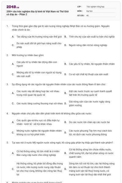 200+ câu trắc nghiệm Địa lý kinh tế Việt Nam và Thế Giới có đáp án - Phần 2