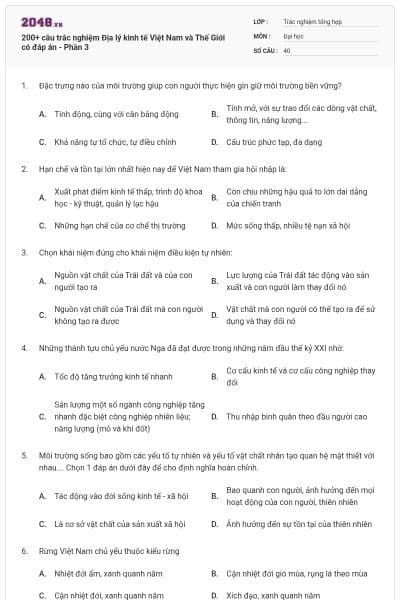 200+ câu trắc nghiệm Địa lý kinh tế Việt Nam và Thế Giới có đáp án - Phần 3