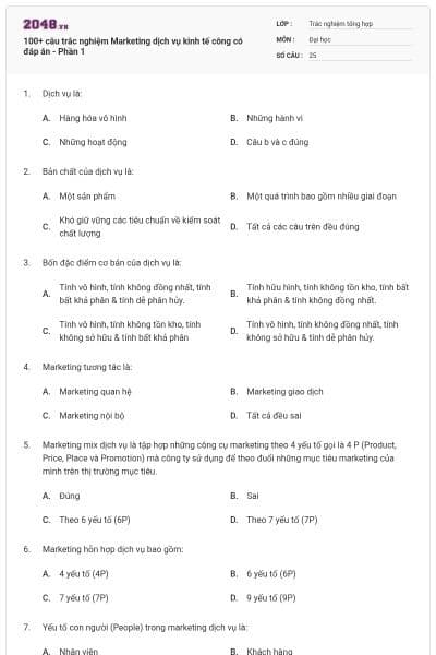 100+ câu trắc nghiệm Marketing dịch vụ kinh tế công có đáp án - Phần 1