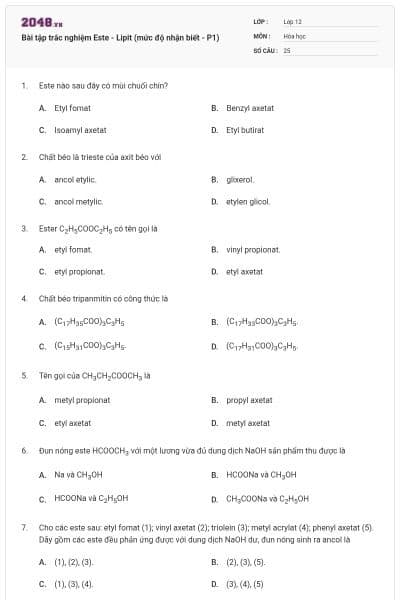 Bài tập trắc nghiệm Este - Lipit (mức độ nhận biết - P1)