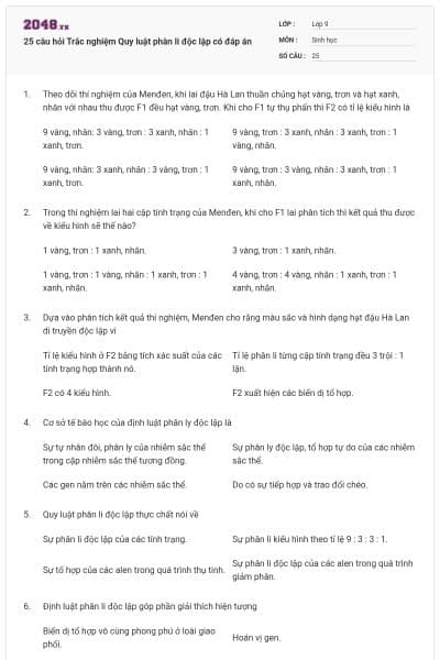 25 câu hỏi Trắc nghiệm Quy luật phân li độc lập có đáp án
