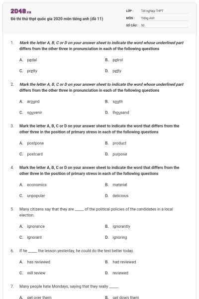 Đề thi thử thpt quốc gia 2020 môn tiếng anh (đề 11)