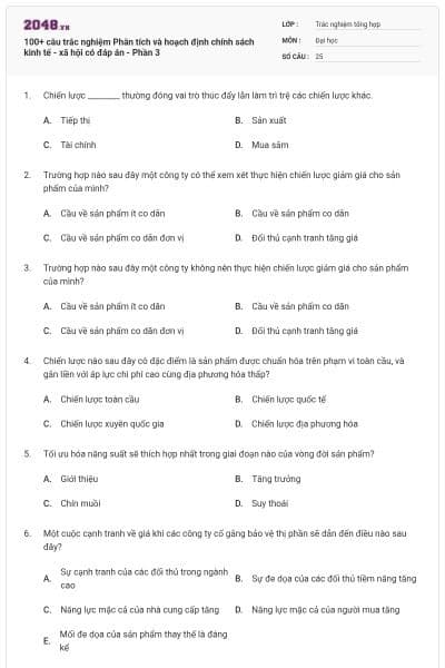 100+ câu trắc nghiệm Phân tích và hoạch định chính sách kinh tế - xã hội có đáp án - Phần 3