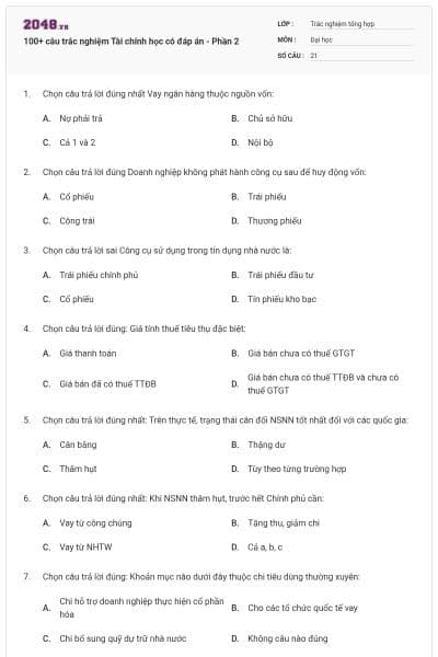 100+ câu trắc nghiệm Tài chính học có đáp án - Phần 2