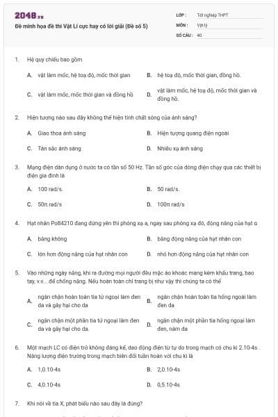 Đề minh họa đề thi Vật Lí cực hay có lời giải (Đề số 5)