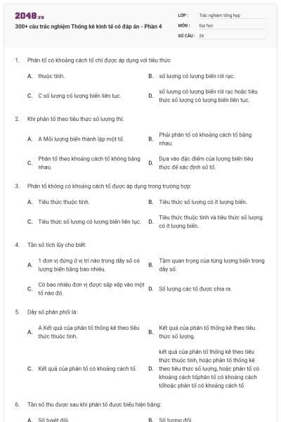 300+ câu trắc nghiệm Thống kê kinh tế có đáp án - Phần 4