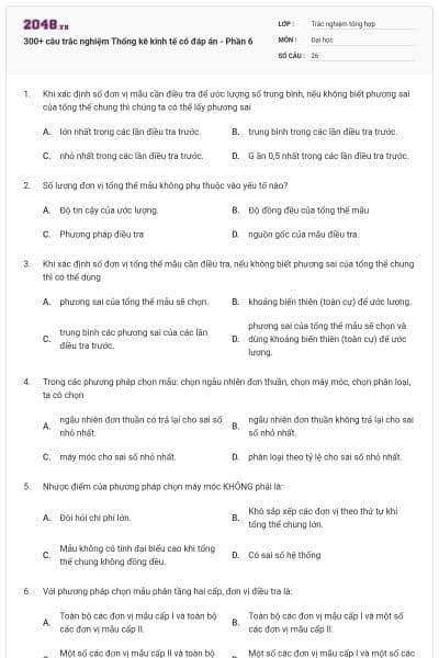 300+ câu trắc nghiệm Thống kê kinh tế có đáp án - Phần 6
