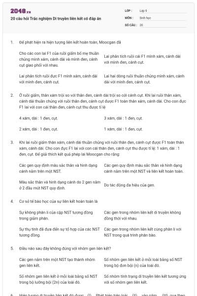20 câu hỏi Trắc nghiệm Di truyền liên kết có đáp án