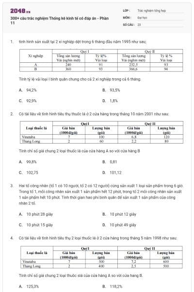 300+ câu trắc nghiệm Thống kê kinh tế có đáp án - Phần 11