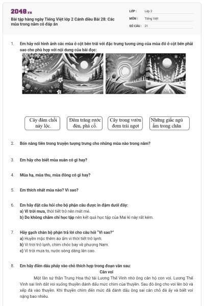 Bài tập hàng ngày Tiếng Việt lớp 2 Cánh diều Bài 28:  Các mùa trong năm có đáp án