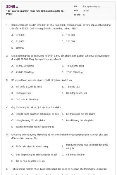100+ câu trắc nghiệm Nhập môn kinh doanh có đáp án - Phần 1
