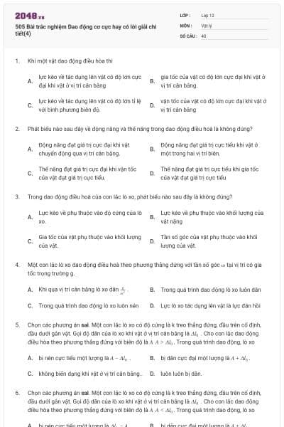 505 Bài trắc nghiệm Dao động cơ cực hay có lời giải chi tiết(4)