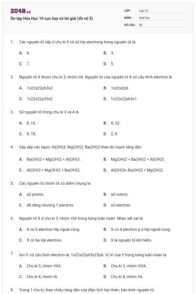 Ôn tập Hóa Học 10 cực hay có lời giải (đề số 5)
