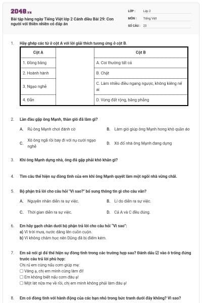 Bài tập hàng ngày Tiếng Việt lớp 2 Cánh diều Bài 29: Con người với thiên nhiên có đáp án