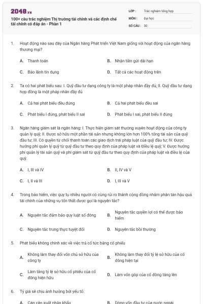 100+ câu trắc nghiệm Thị trường tài chính và các định chế tài chính có đáp án - Phần 1