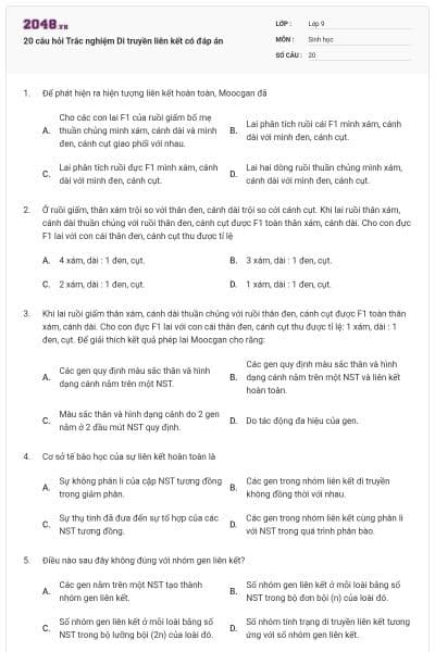 20 câu hỏi Trắc nghiệm Di truyền liên kết có đáp án