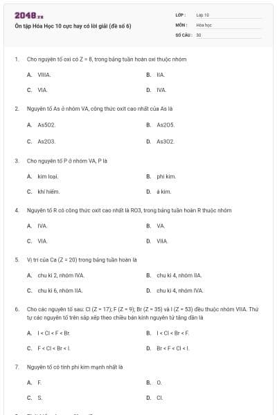 Ôn tập Hóa Học 10 cực hay có lời giải (đề số 6)