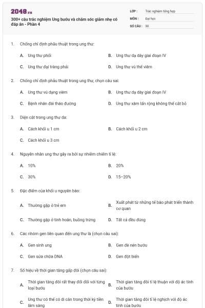 300+ câu trắc nghiệm Ung bướu và chăm sóc giảm nhẹ có đáp án - Phần 4