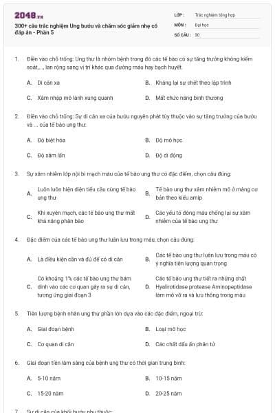 300+ câu trắc nghiệm Ung bướu và chăm sóc giảm nhẹ có đáp án - Phần 5
