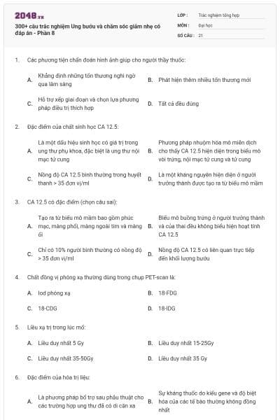 300+ câu trắc nghiệm Ung bướu và chăm sóc giảm nhẹ có đáp án - Phần 8