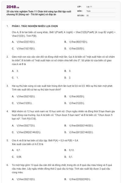 20 câu trắc nghiệm Toán 11 Chân trời sáng tạo Bài tập cuối chương IX (Đúng sai - Trả lời ngắn) có đáp án