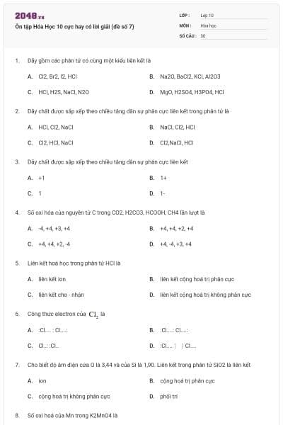 Ôn tập Hóa Học 10 cực hay có lời giải (đề số 7)
