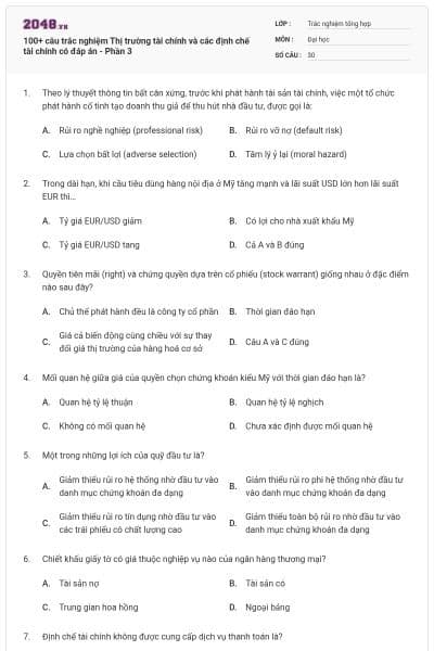 100+ câu trắc nghiệm Thị trường tài chính và các định chế tài chính có đáp án - Phần 3
