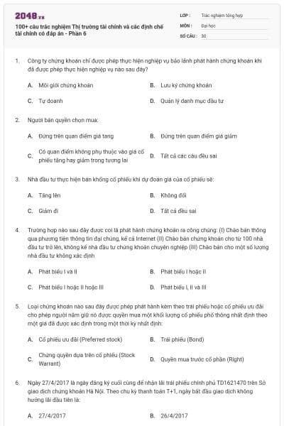 100+ câu trắc nghiệm Thị trường tài chính và các định chế tài chính có đáp án - Phần 6