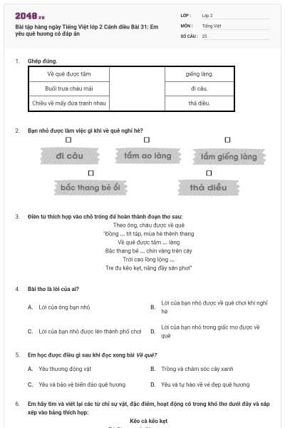 Bài tập hàng ngày Tiếng Việt lớp 2 Cánh diều Bài 31: Em yêu quê hương có đáp án