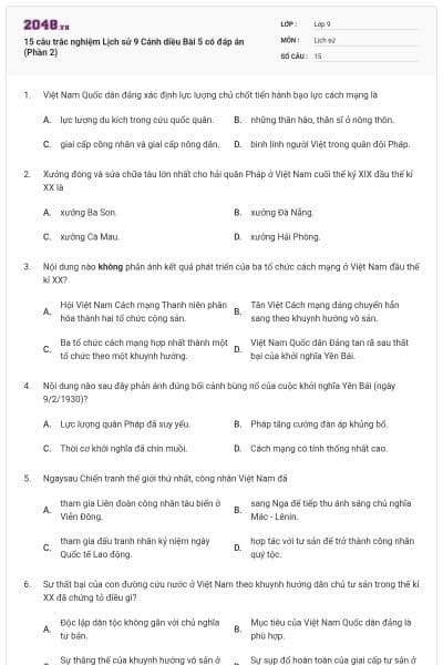 15 câu trắc nghiệm Lịch sử 9 Cánh diều Bài 5 có đáp án (Phần 2)