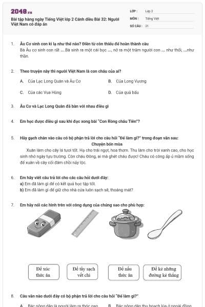 Bài tập hàng ngày Tiếng Việt lớp 2 Cánh diều Bài 32: Người Việt Nam có đáp án