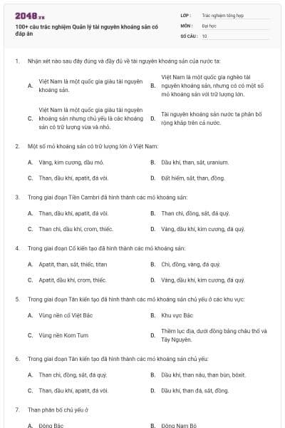 100+ câu trắc nghiệm Quản lý tài nguyên khoáng sản có đáp án