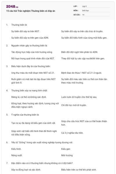 15 câu hỏi Trắc nghiệm Thường biến có đáp án