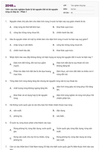 100+ câu trắc nghiệm Quản lý tài nguyên đất và tài nguyên rừng có đáp án - Phần 1