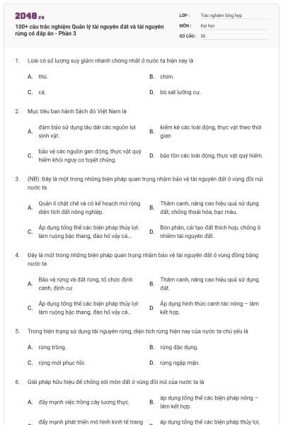 100+ câu trắc nghiệm Quản lý tài nguyên đất và tài nguyên rừng có đáp án - Phần 3